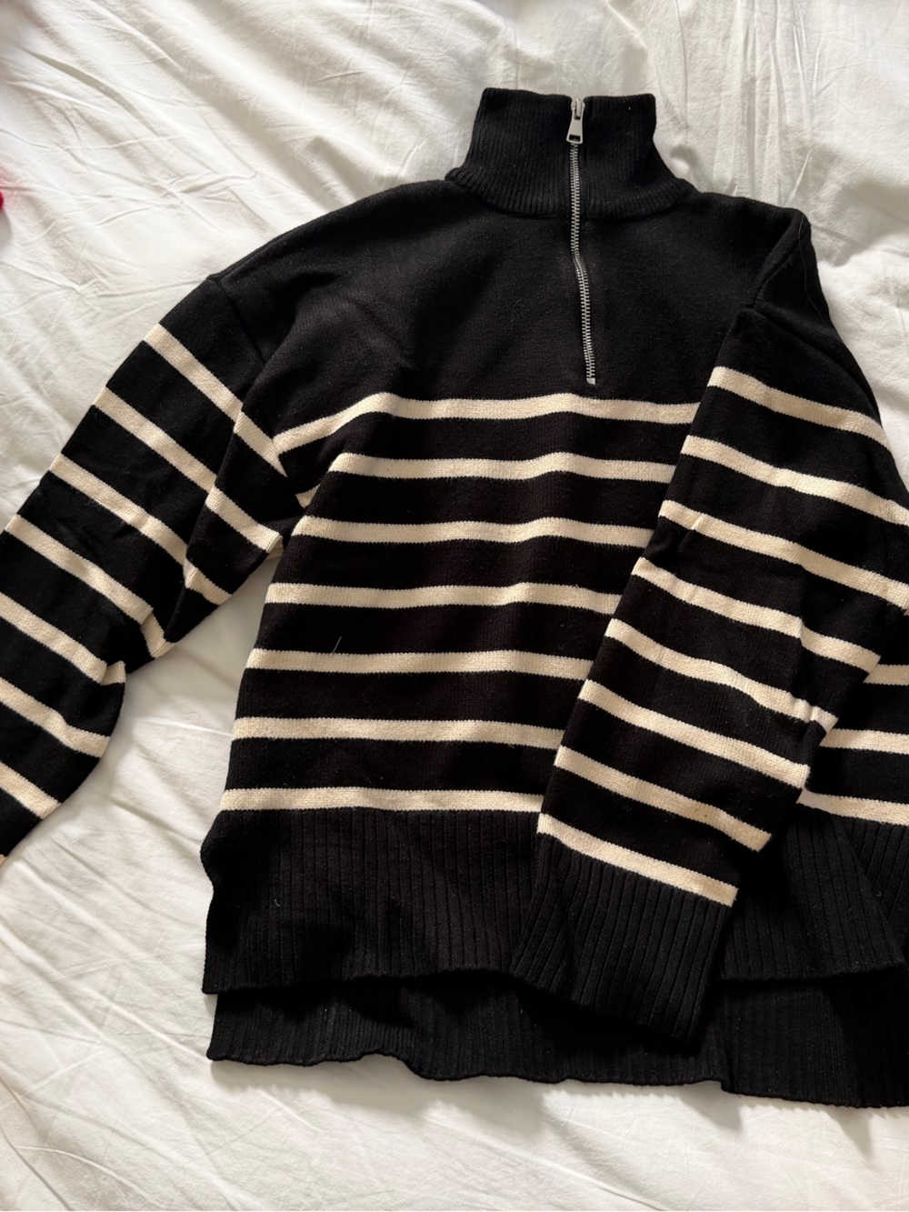 Zara Funnel Neck Black & Cream Quarter-Zip Stripe Sweater